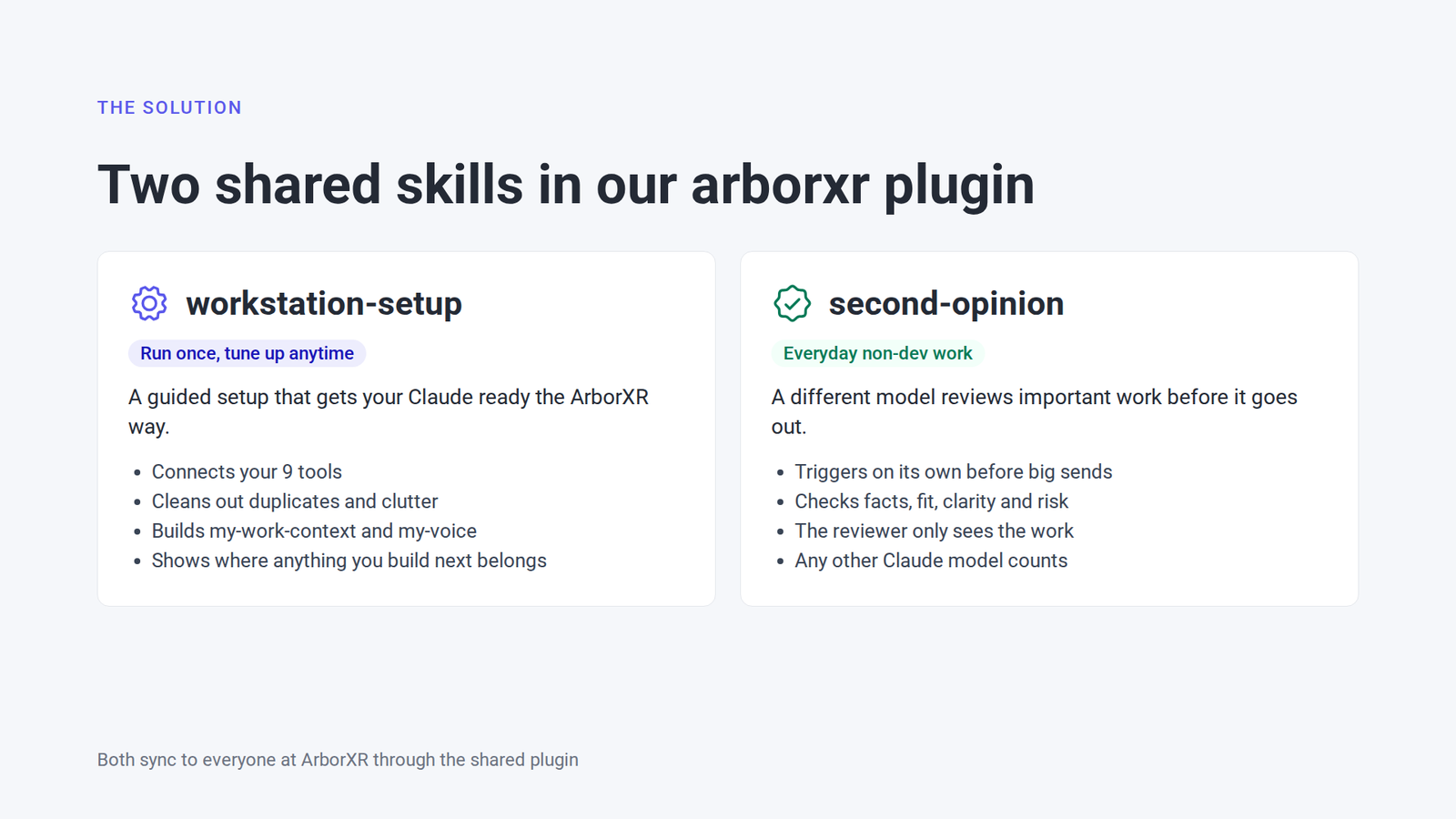 The two skills. workstation-setup is a guided setup you run once and tune up anytime, and second-opinion has a different model review important work before it goes out