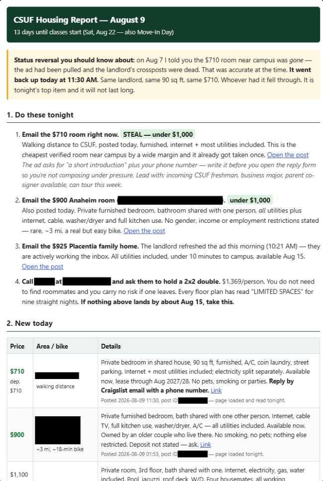 A real nightly report. Tonight&rsquo;s action list, including a status reversal the system caught and flagged