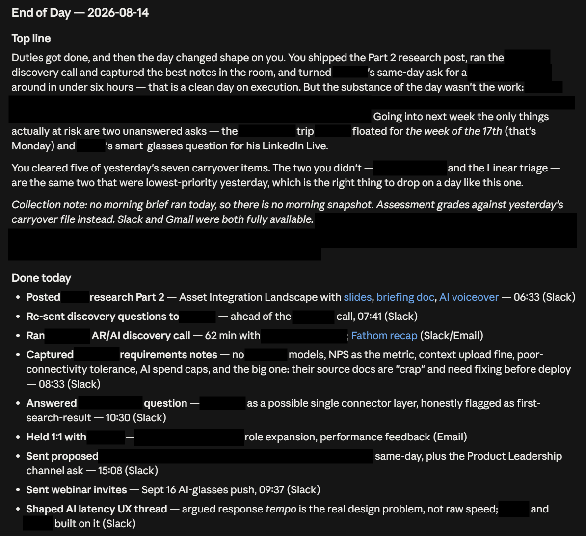 Daybrief Evening opens with a narrative top line and an evidence-based &ldquo;Done today&rdquo; log