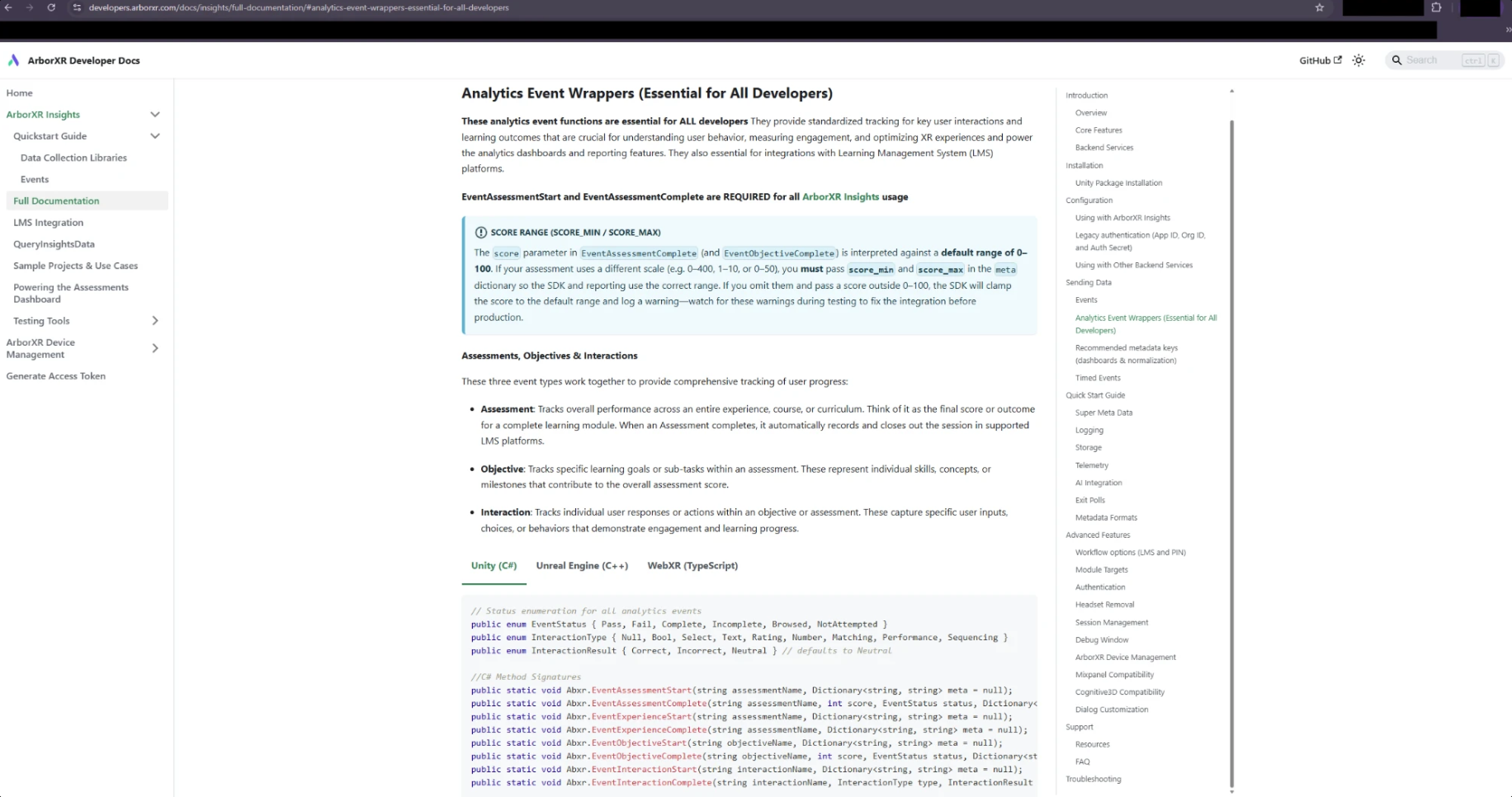 A page shipped through the pipeline: the Analytics Event Wrappers section of the ArborXR developer docs