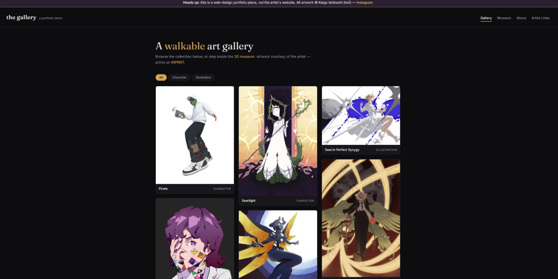 The gallery site around it, with the demo banner and artist credit up top