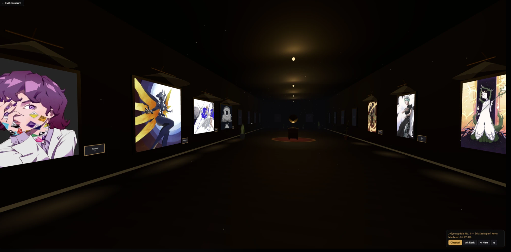 Inside the museum hall. Real artwork under picture lights, with the Victrola at center