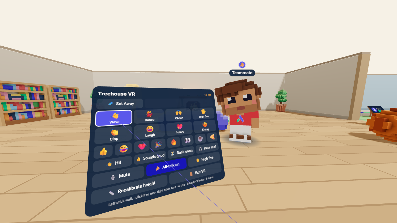 The VR menu, with emotes, quick chat and status, aimed with the controller’s laser